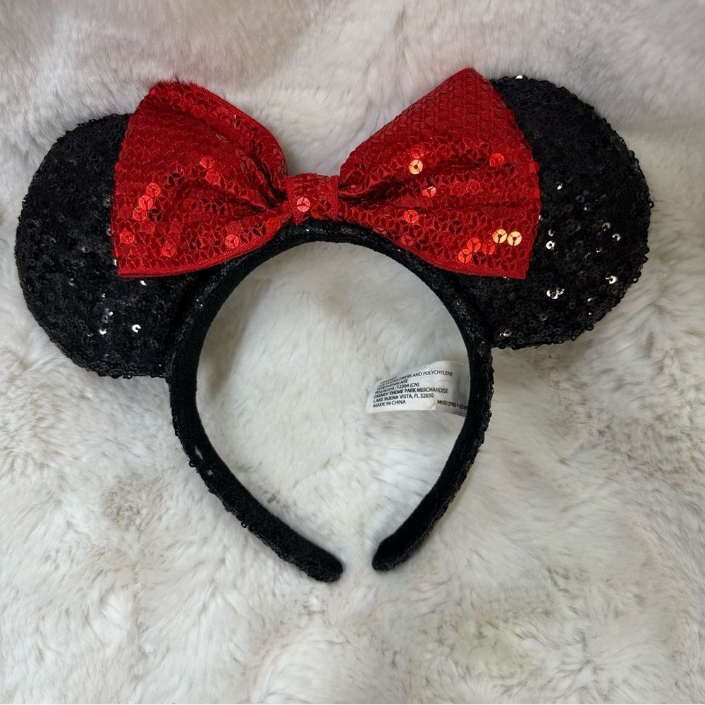 Disney Parks Minnie Mouse Sequin Headband Ears Black Red